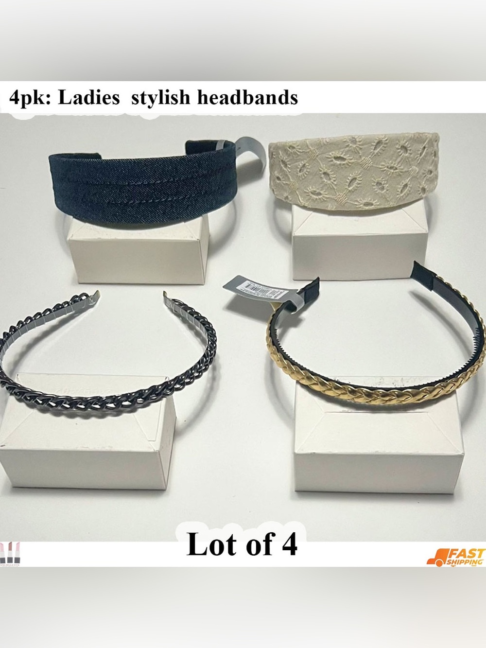 Assorted 4pc Headband Set - Black, Cream, Silver, Gold